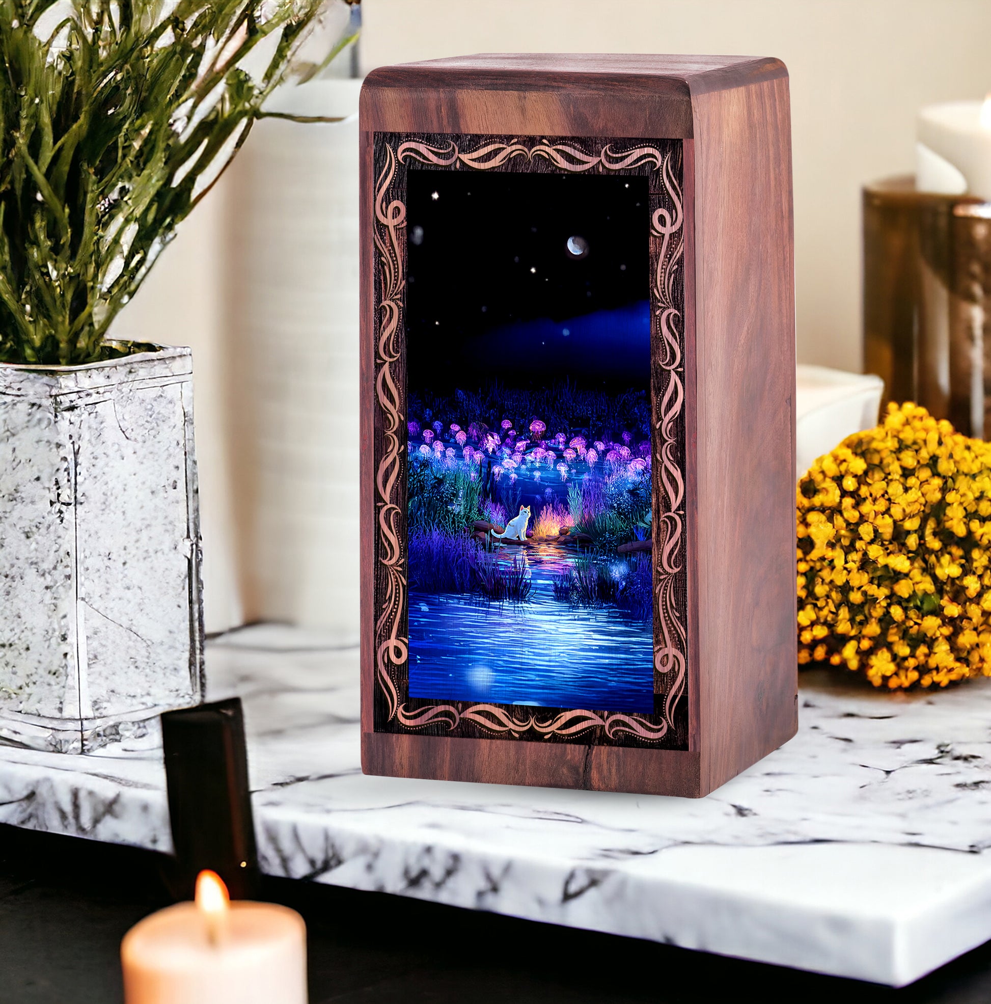 Winter Star Cat Theme Wooden Urn For Ashes - Moonlit Meorial Urn Box