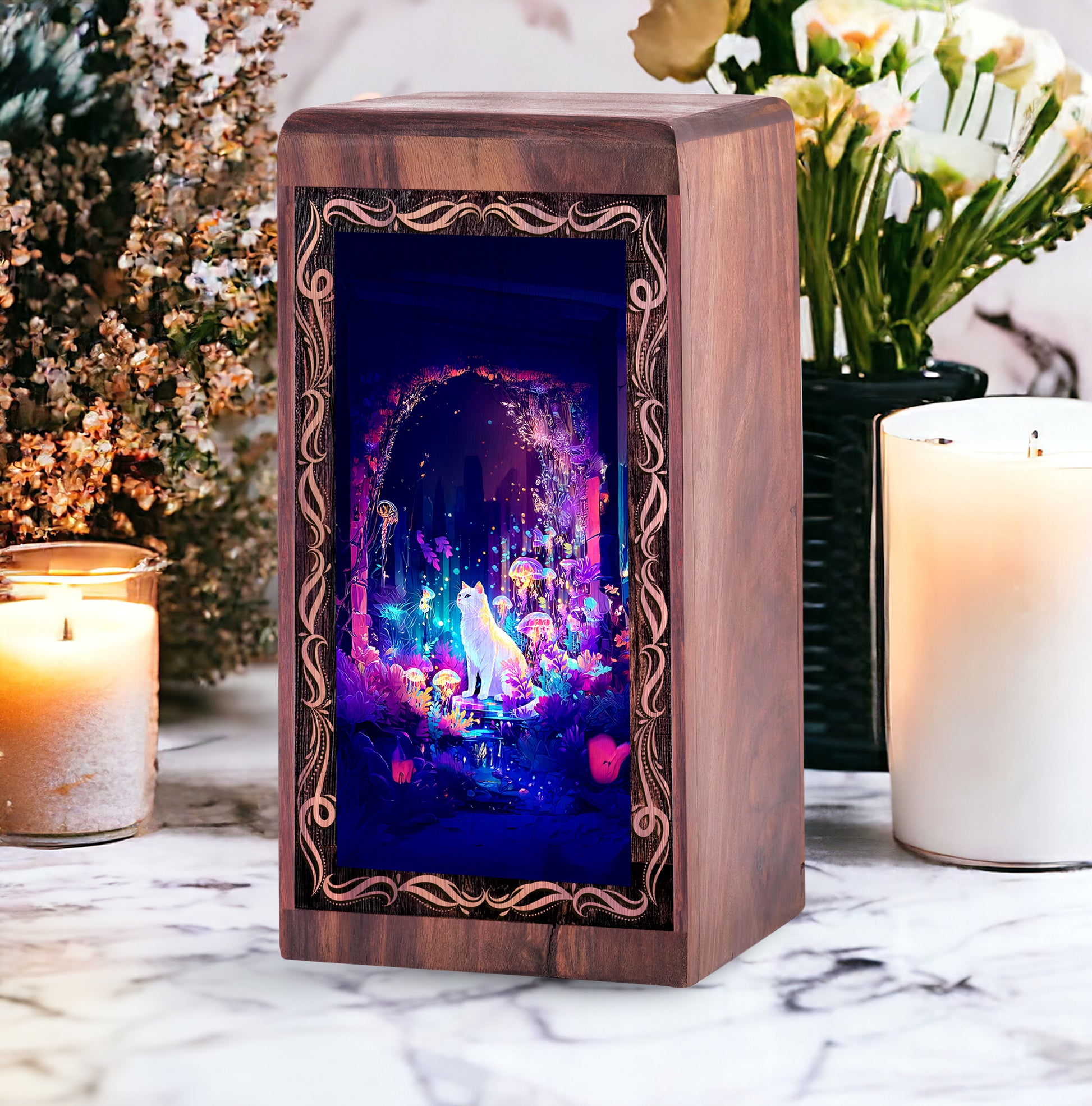 Persian Cat Wooden Urn For Ashes - Magic Spell Themed Urn For Pet