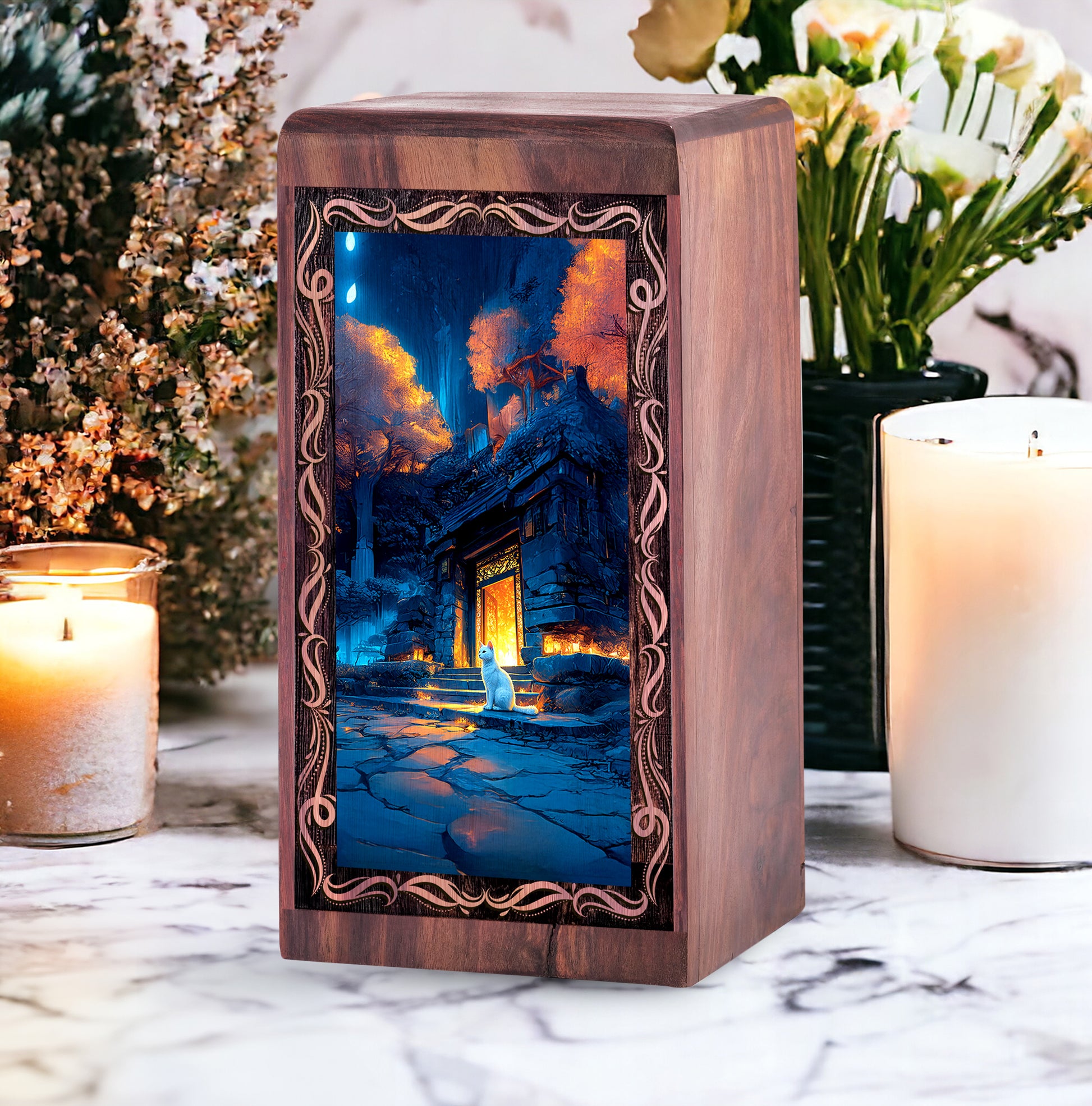 Miracle Cat On The Floor With Night Hunter Theme Urn For Ashes