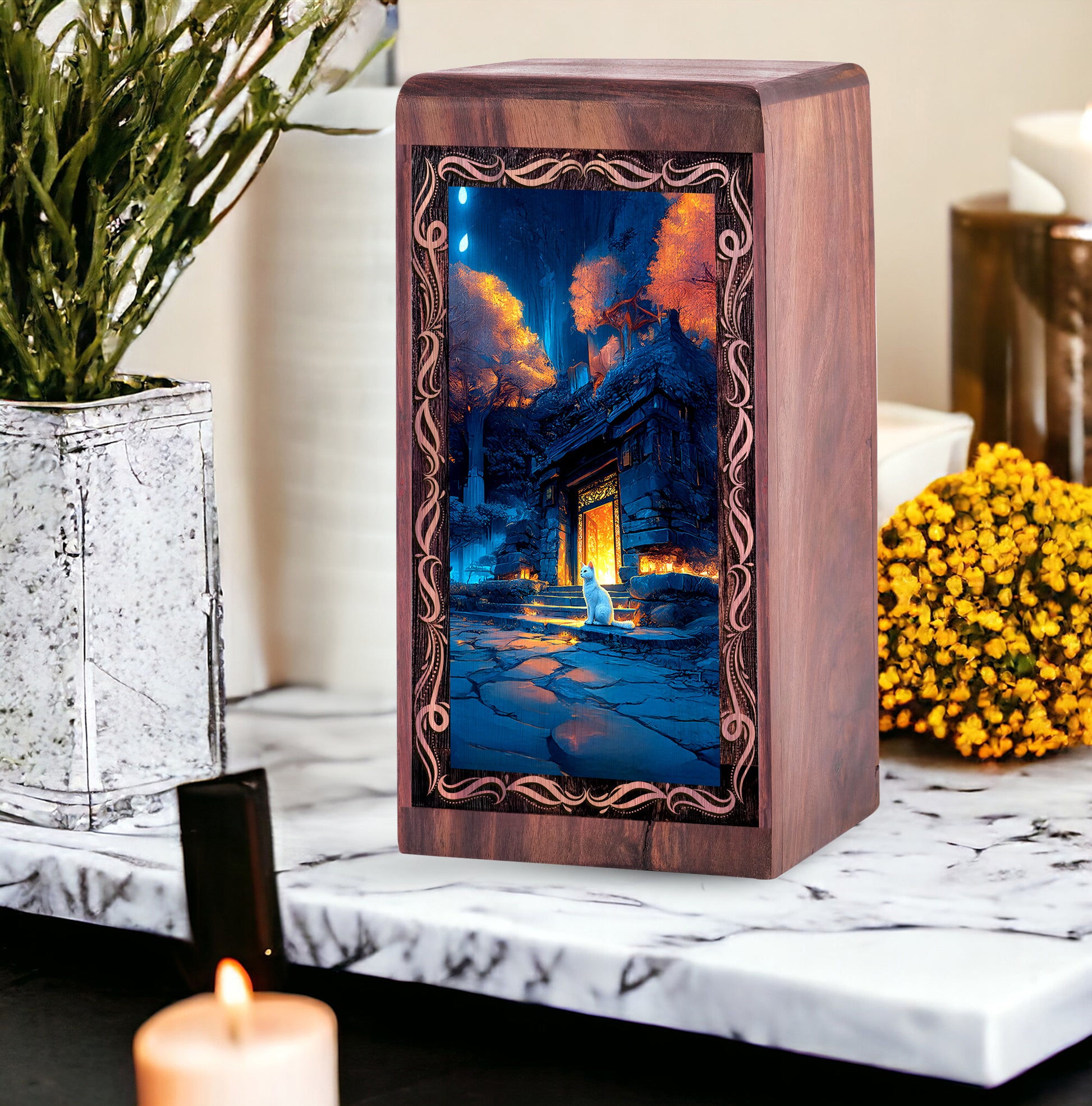 Miracle Cat On The Floor With Night Hunter Theme Urn For Ashes