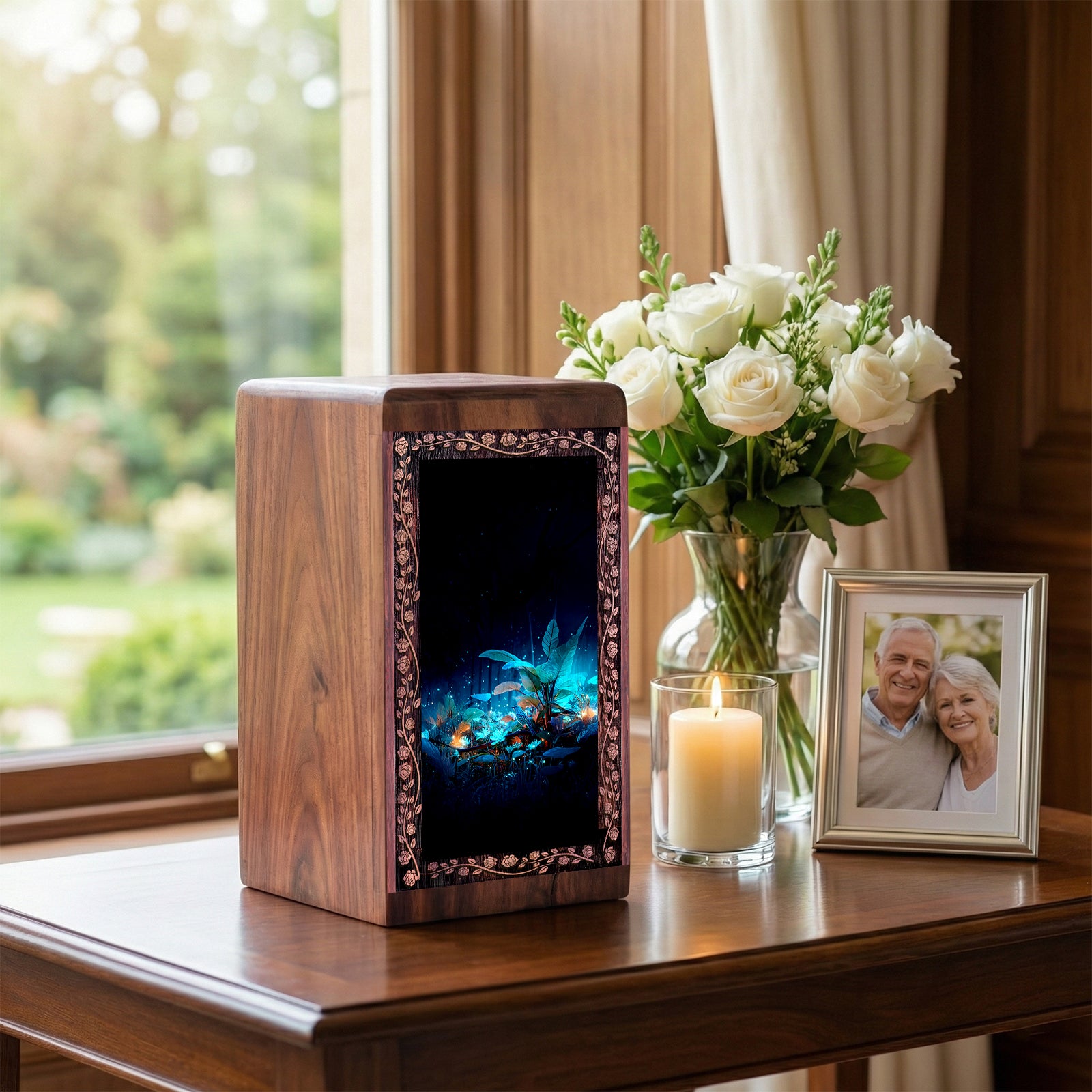 Mystic Night Bird Theme Cremation Urn Box - Wooden Urn For Mom & Dad