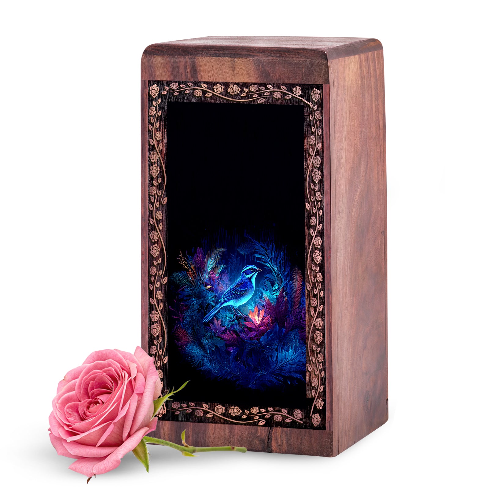 Fantasy Bird Floral Cremation Urn Box - Wood Urn For Ashes Adult Male