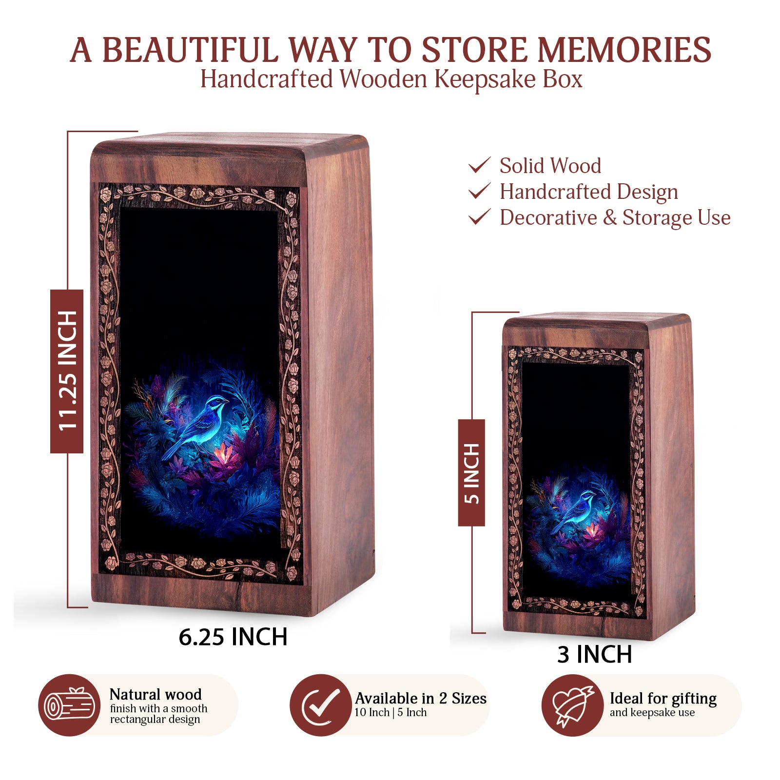 Fantasy Bird Floral Cremation Urn Box - Wood Urn For Ashes Adult Male