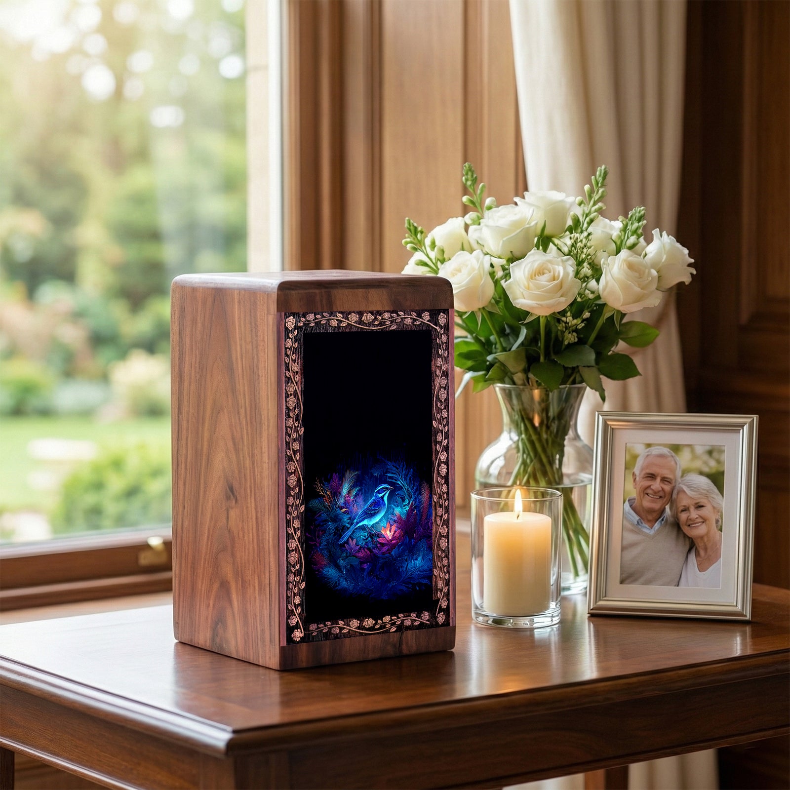Fantasy Bird Floral Cremation Urn Box - Wood Urn For Ashes Adult Male