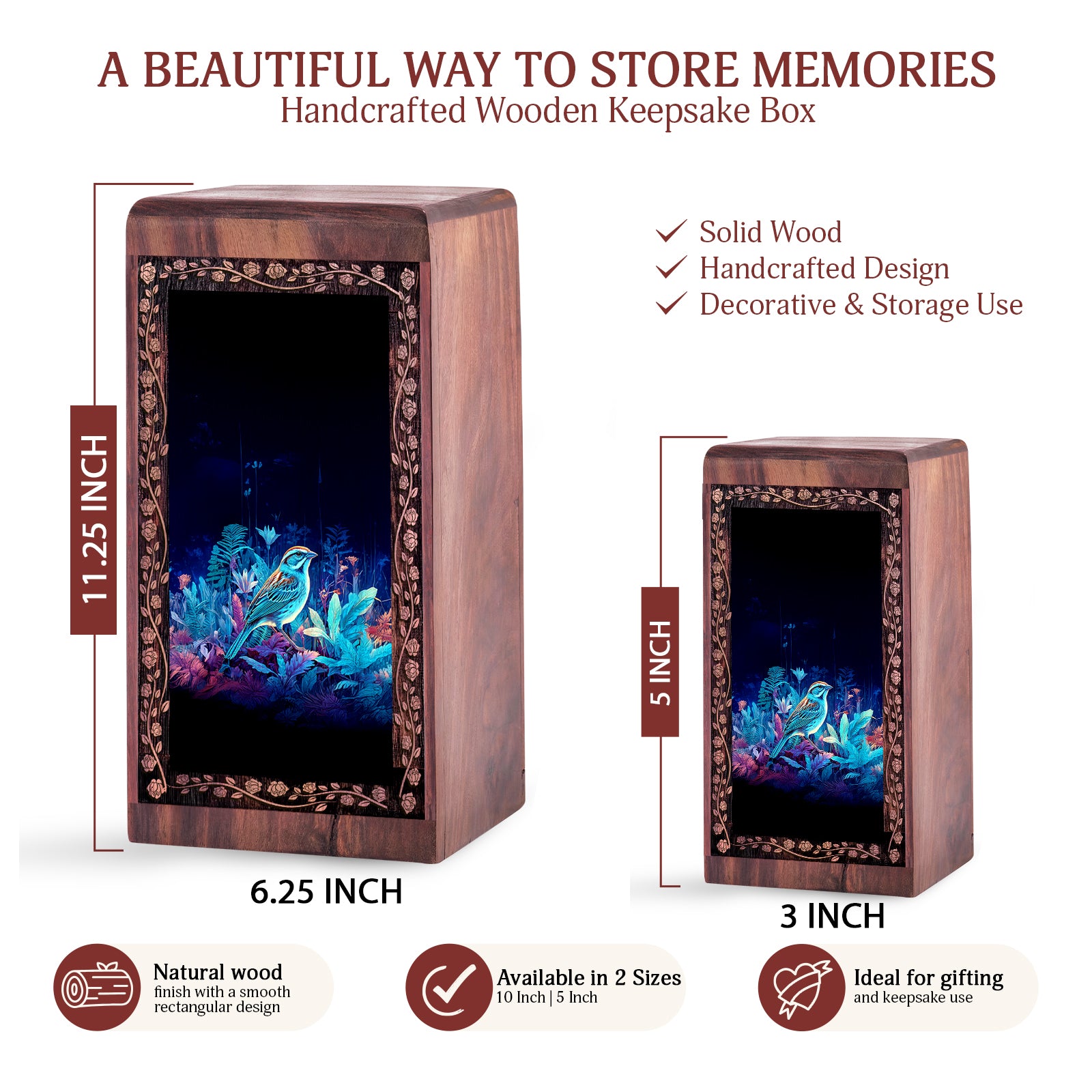 Colorful Forest Bird Cremation Urn Box - Handmade Wooden Urn For Ashes