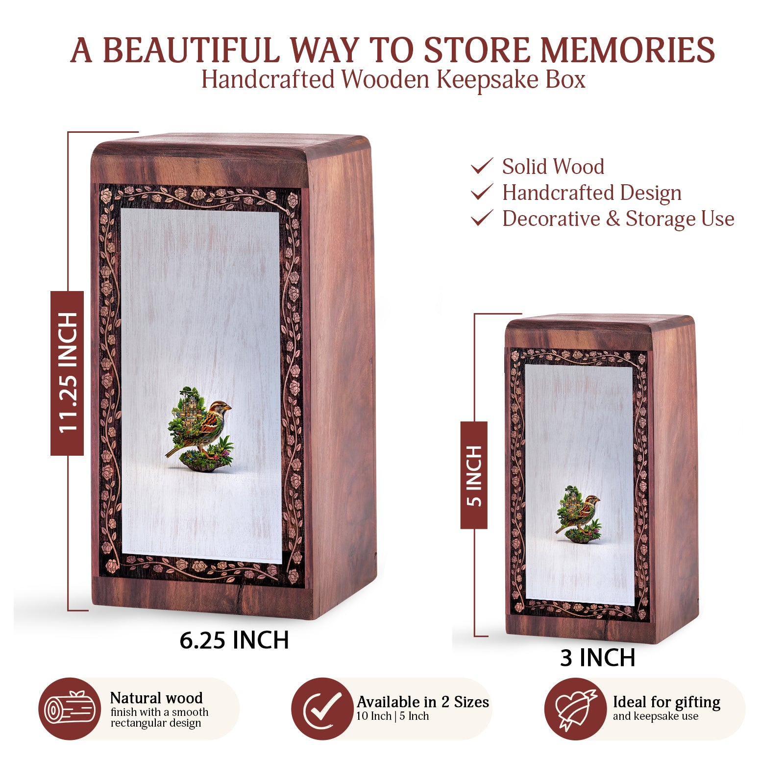 Minimal Bird Nature Cremation Urn Box - Wooden Cremation Urn For Burial