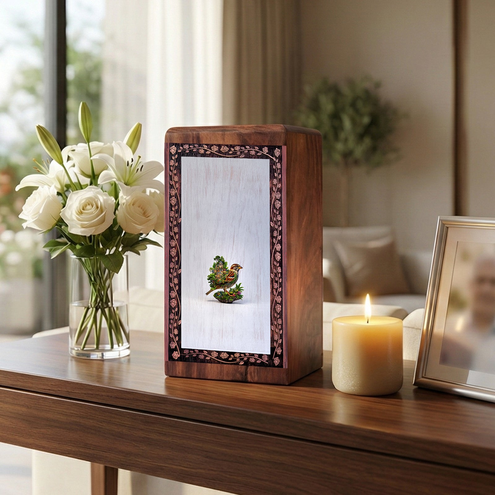 Minimal Bird Nature Cremation Urn Box - Wooden Cremation Urn For Burial