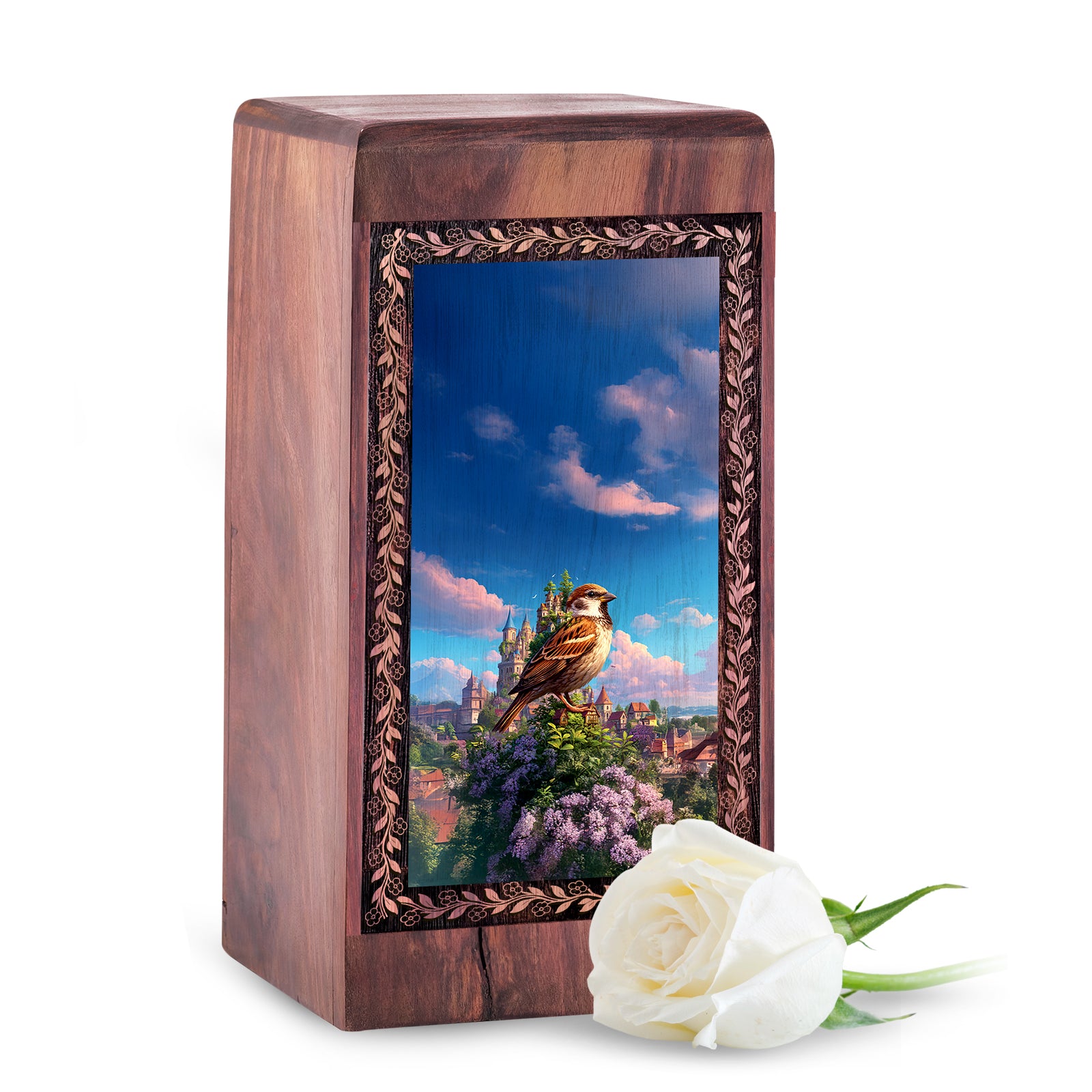 Historic Town Bird Cremation Urn Box - Funeral Urn Box For Adult Male