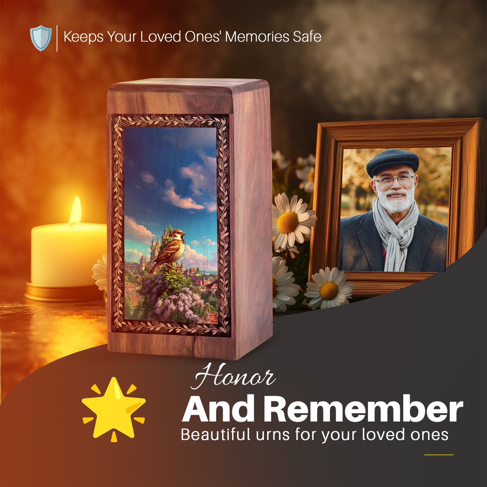 Historic Town Bird Cremation Urn Box - Funeral Urn Box For Adult Male