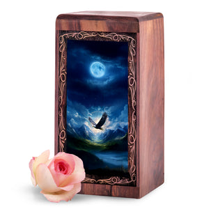 Winter Moon Light Eagle Theme Cremation Urn - Handmade Wooden Keepshake For Mom & Dad
