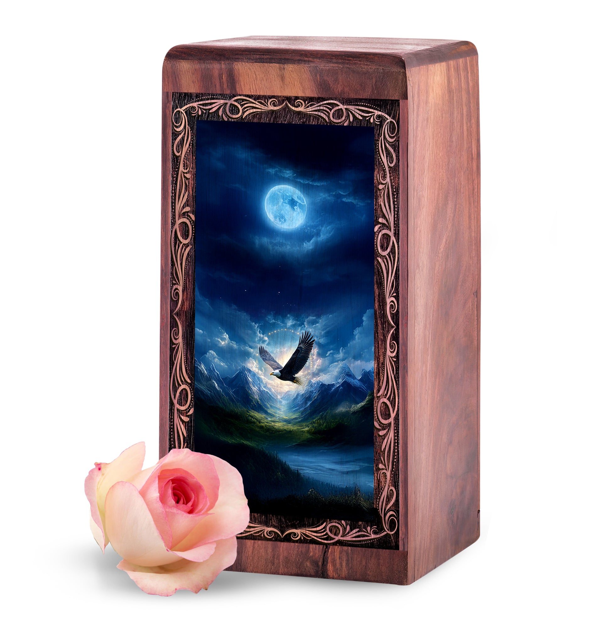 Winter Moon Light Eagle Theme Cremation Urn - Handmade Wooden Keepshake For Mom & Dad