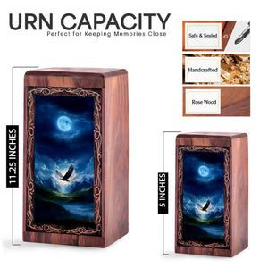 Winter Moon Light Eagle Theme Cremation Urn - Handmade Wooden Keepshake For Mom & Dad