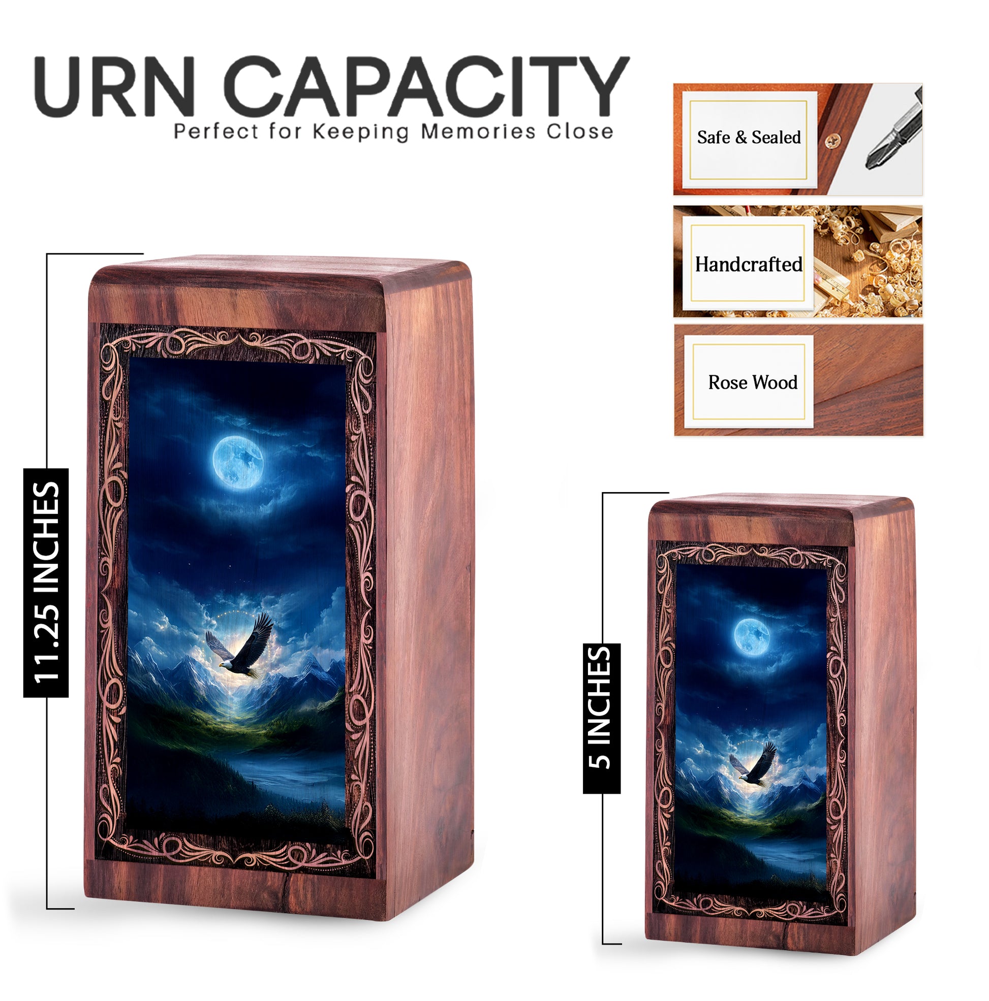 Winter Moon Light Eagle Theme Cremation Urn - Handmade Wooden Keepshake For Mom & Dad
