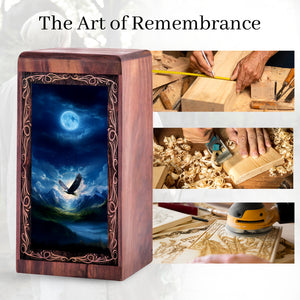 Winter Moon Light Eagle Theme Cremation Urn - Handmade Wooden Keepshake For Mom & Dad