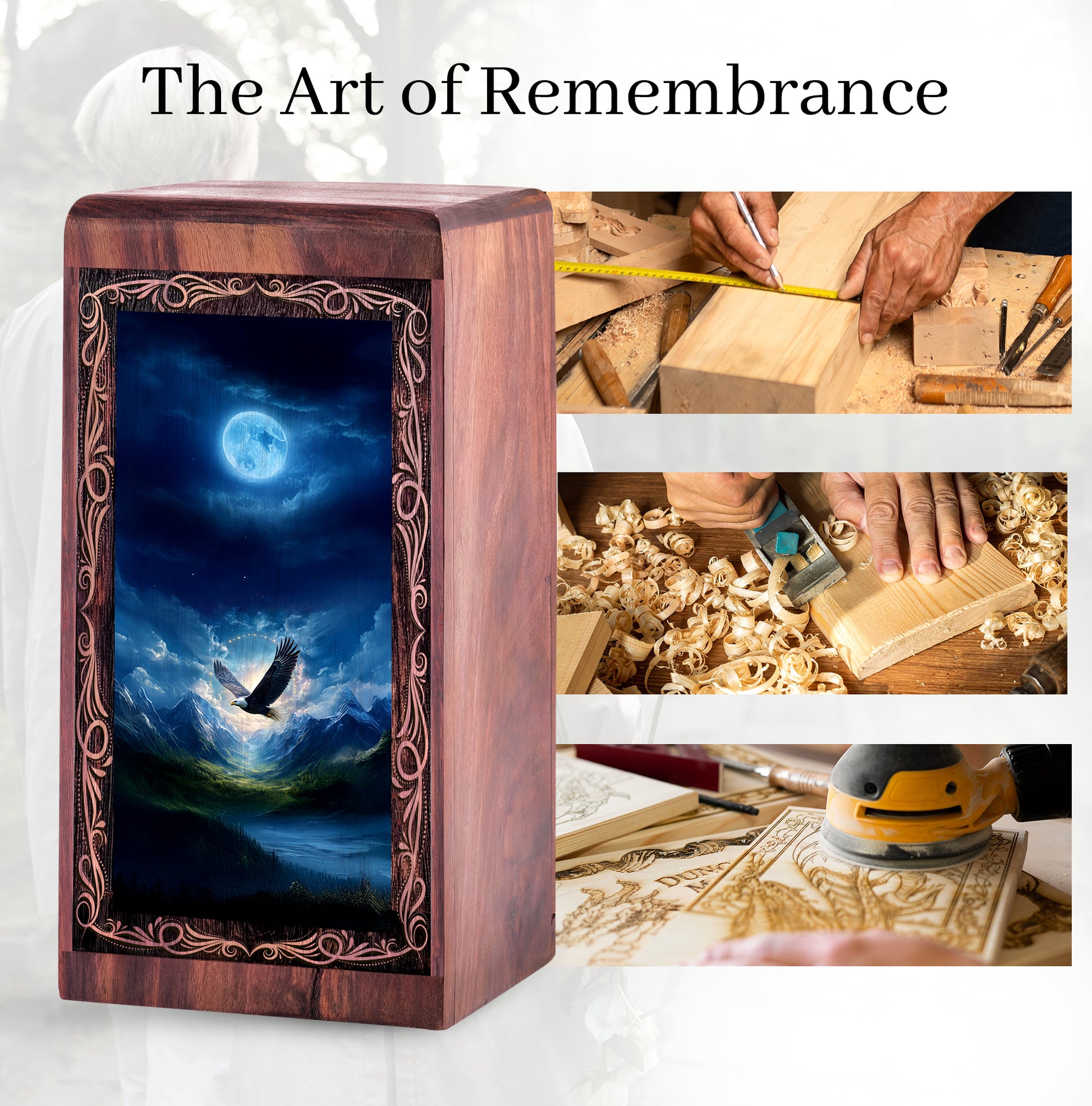 Winter Moon Light Eagle Theme Cremation Urn - Handmade Wooden Keepshake For Mom & Dad