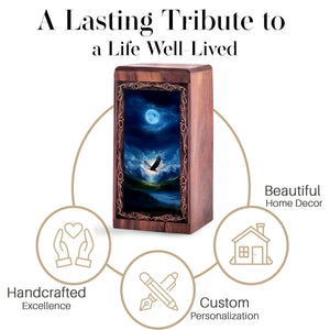 Winter Moon Light Eagle Theme Cremation Urn - Handmade Wooden Keepshake For Mom & Dad