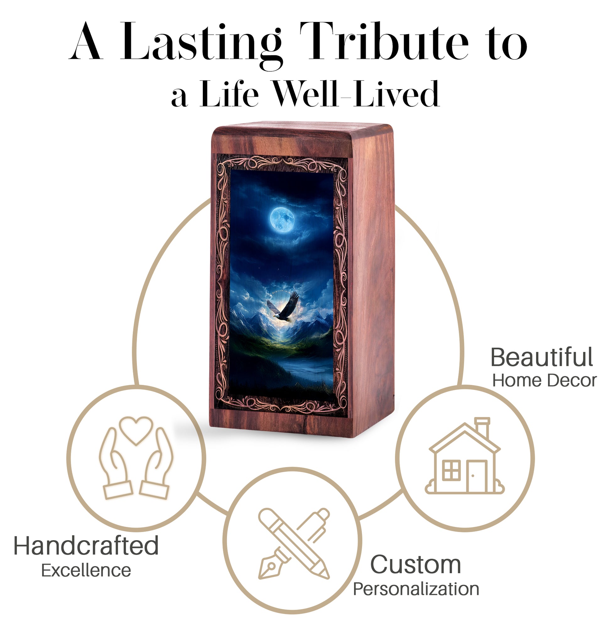 Winter Moon Light Eagle Theme Cremation Urn - Handmade Wooden Keepshake For Mom & Dad