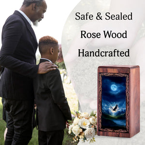 Winter Moon Light Eagle Theme Cremation Urn - Handmade Wooden Keepshake For Mom & Dad