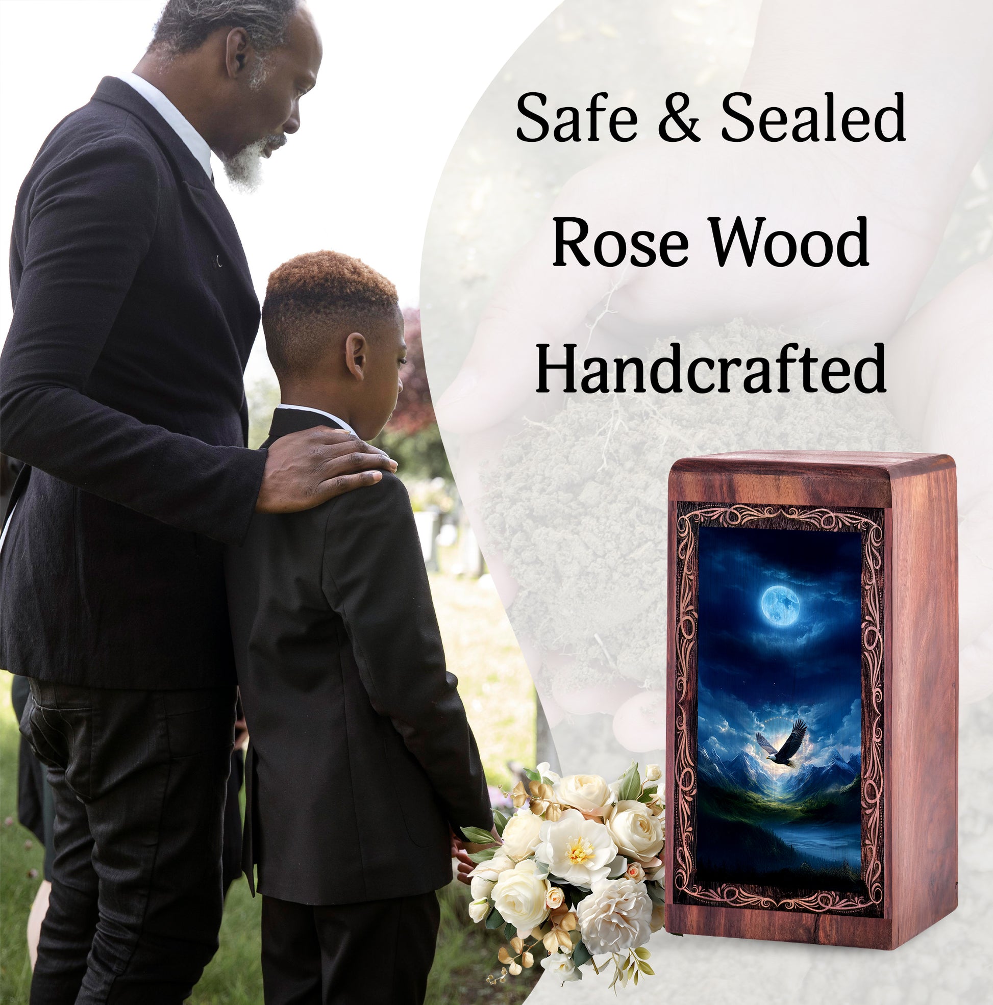 Winter Moon Light Eagle Theme Cremation Urn - Handmade Wooden Keepshake For Mom & Dad