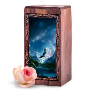 American Eagle Wooden Urn Keepshake For Ashes - Mountain Valley Theme Urn For Burial