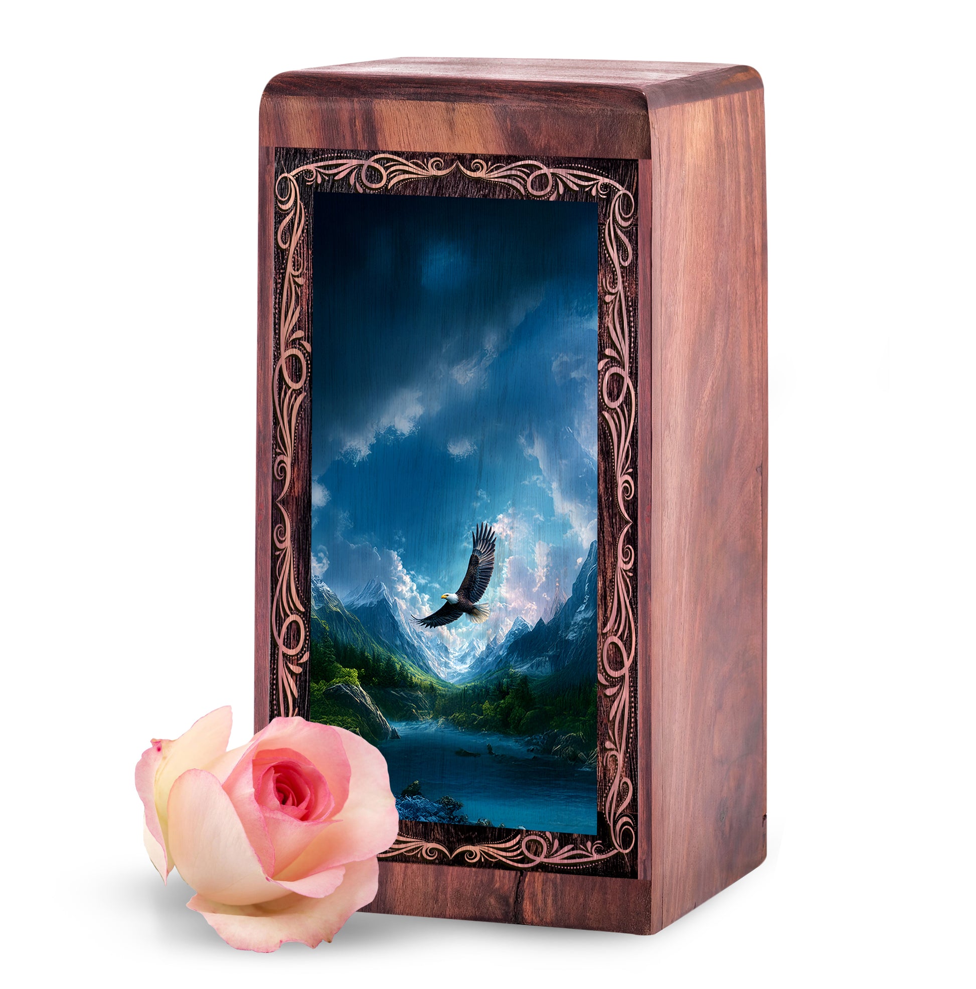 American Eagle Wooden Urn Keepshake For Ashes - Mountain Valley Theme Urn For Burial