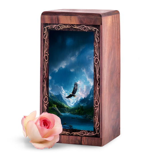 American Eagle Wooden Urn Keepshake For Ashes - Mountain Valley Theme Urn For Burial