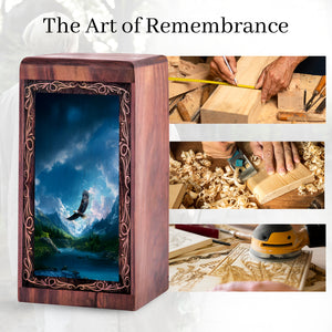 American Eagle Wooden Urn Keepshake For Ashes - Mountain Valley Theme Urn For Burial