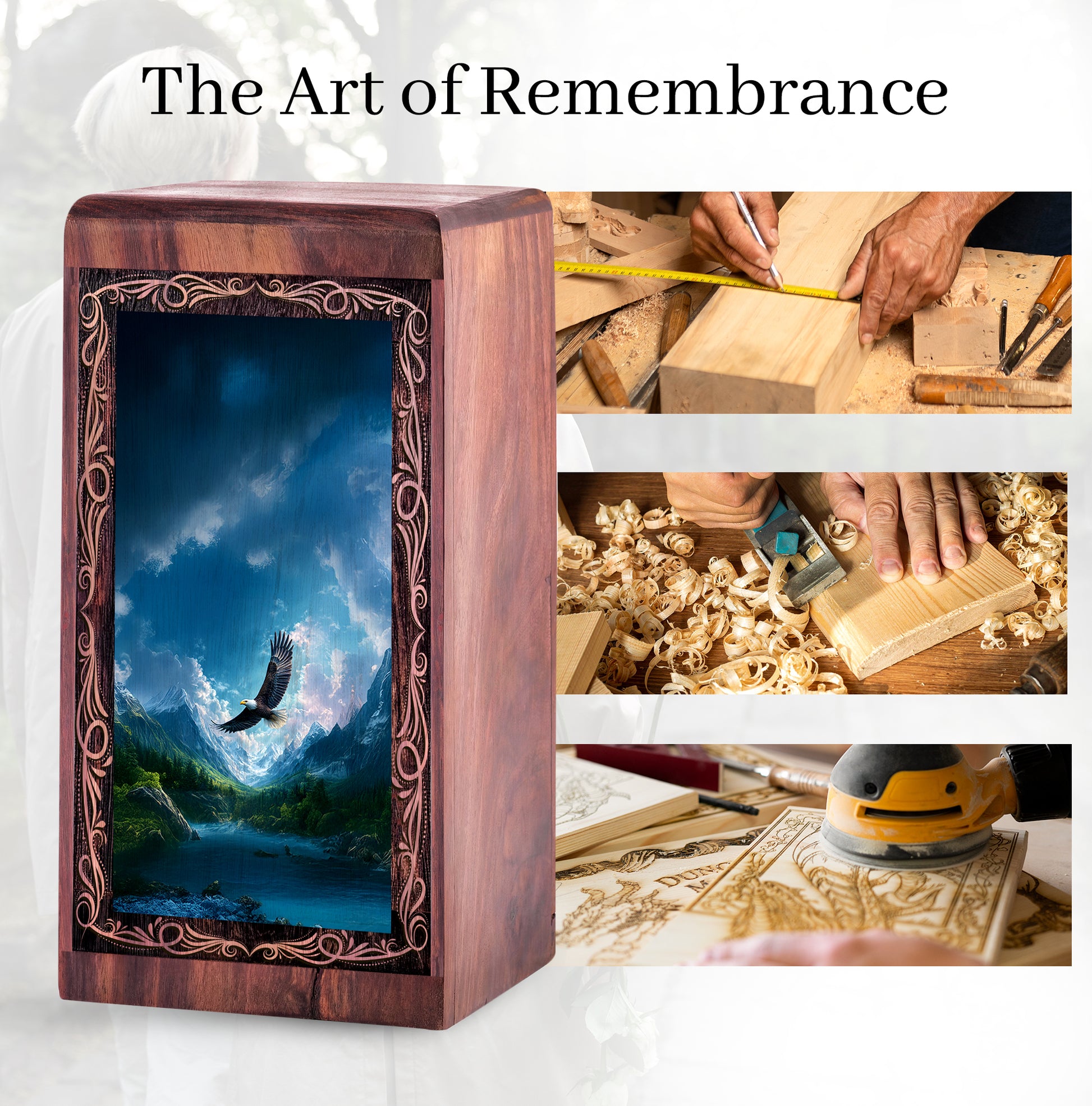 American Eagle Wooden Urn Keepshake For Ashes - Mountain Valley Theme Urn For Burial