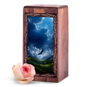 Eagle Over Valley Natural Memorial Urn - Wooden Handmade Urn For Ashes