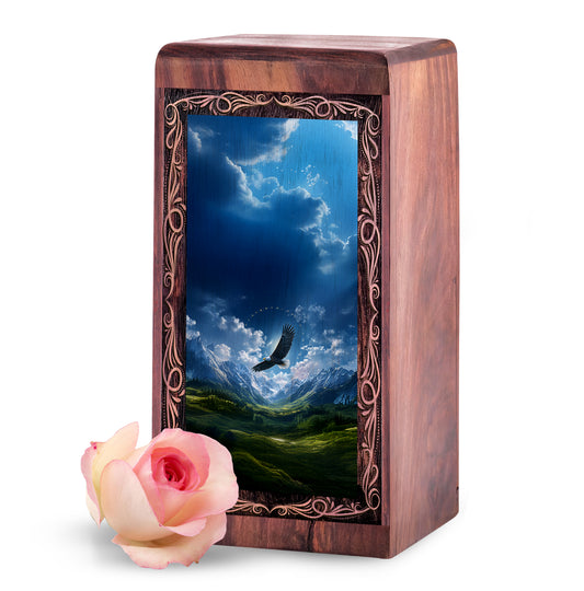 Eagle Over Valley Natural Memorial Urn - Wooden Handmade Urn For Ashes