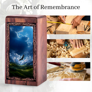 Eagle Over Valley Natural Memorial Urn - Wooden Handmade Urn For Ashes