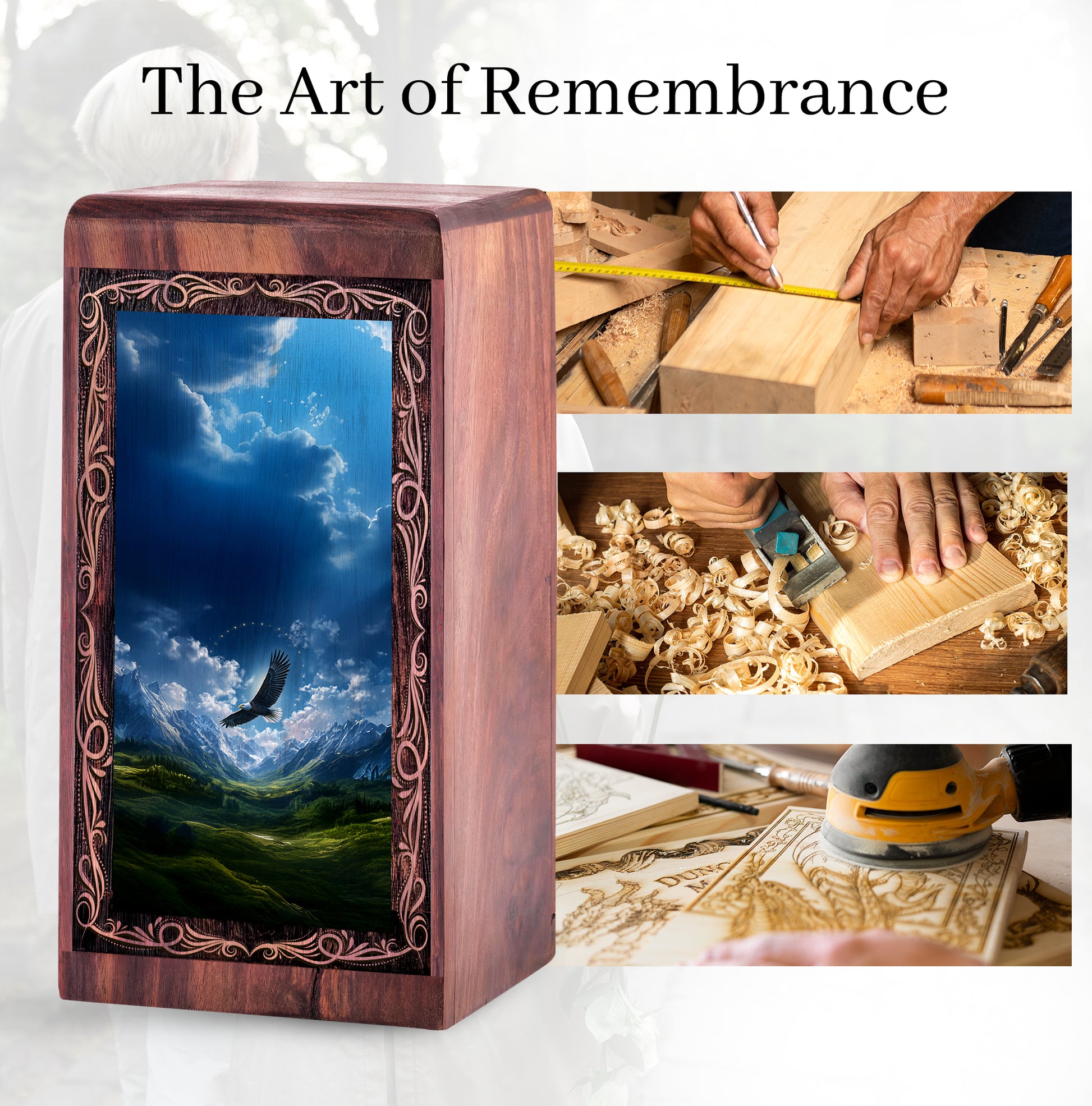 Eagle Over Valley Natural Memorial Urn - Wooden Handmade Urn For Ashes