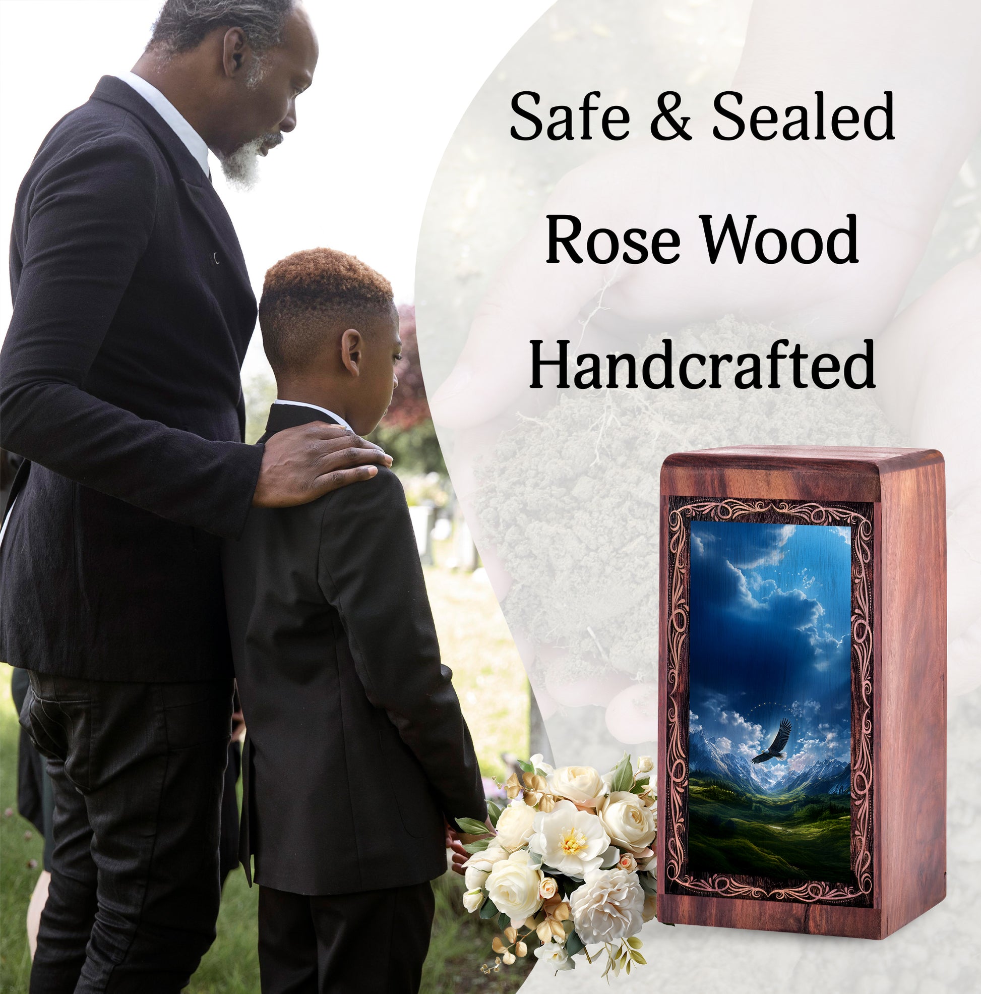 Eagle Over Valley Natural Memorial Urn - Wooden Handmade Urn For Ashes