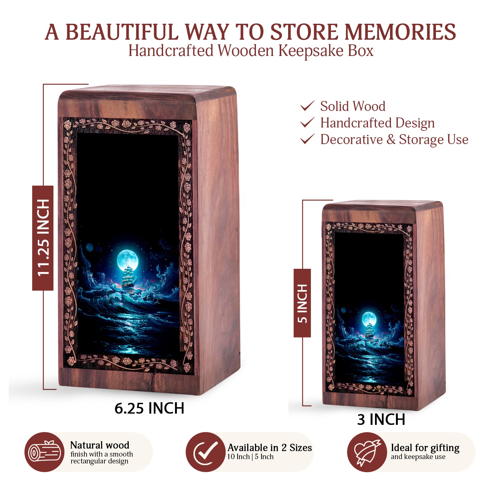 Moonlight Ocean Ship Urn For Ashes - Ocean Voyage Theme Keepshake For Man