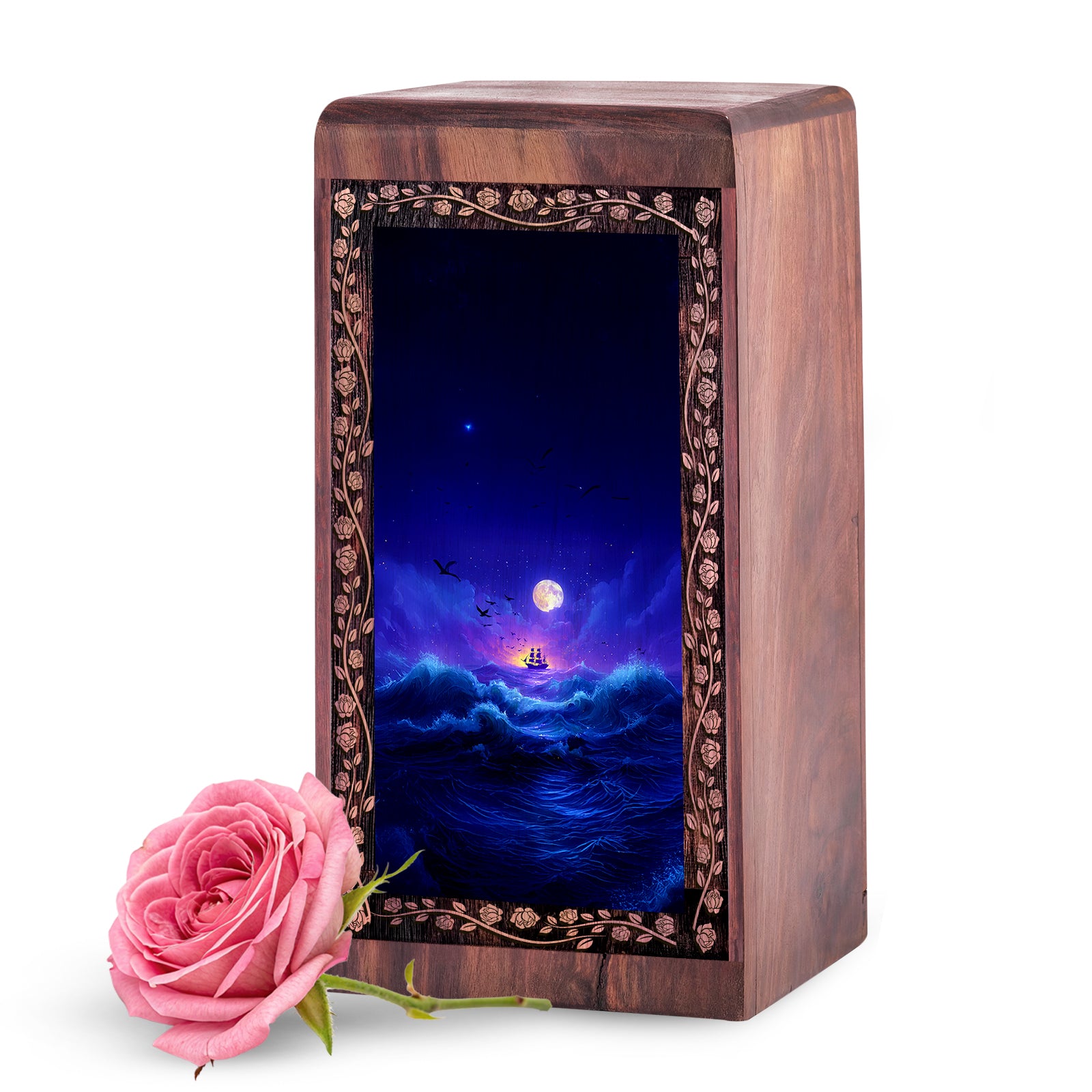 Ship Wooden Urn For Human Ashes - Sunset Voyage Memorial Keepshake For Adult Woman