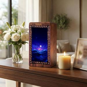 Ship Funeral For Human Ashes - Moonlit Sunset Ocean Theme Cremation Handwooden Urn