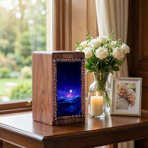 Ship Funeral For Human Ashes - Moonlit Sunset Ocean Theme Cremation Handwooden Urn