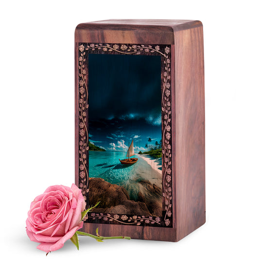 Tropical Paradise Beach Ocean Memorial Urn - Wooden Ship Urn For Ashes