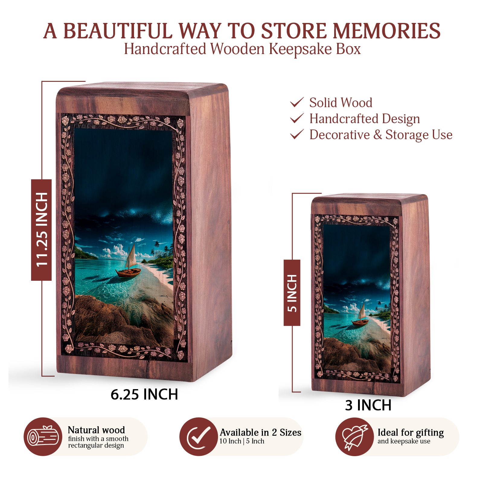 Tropical Paradise Beach Ocean Memorial Urn - Wooden Ship Urn For Ashes