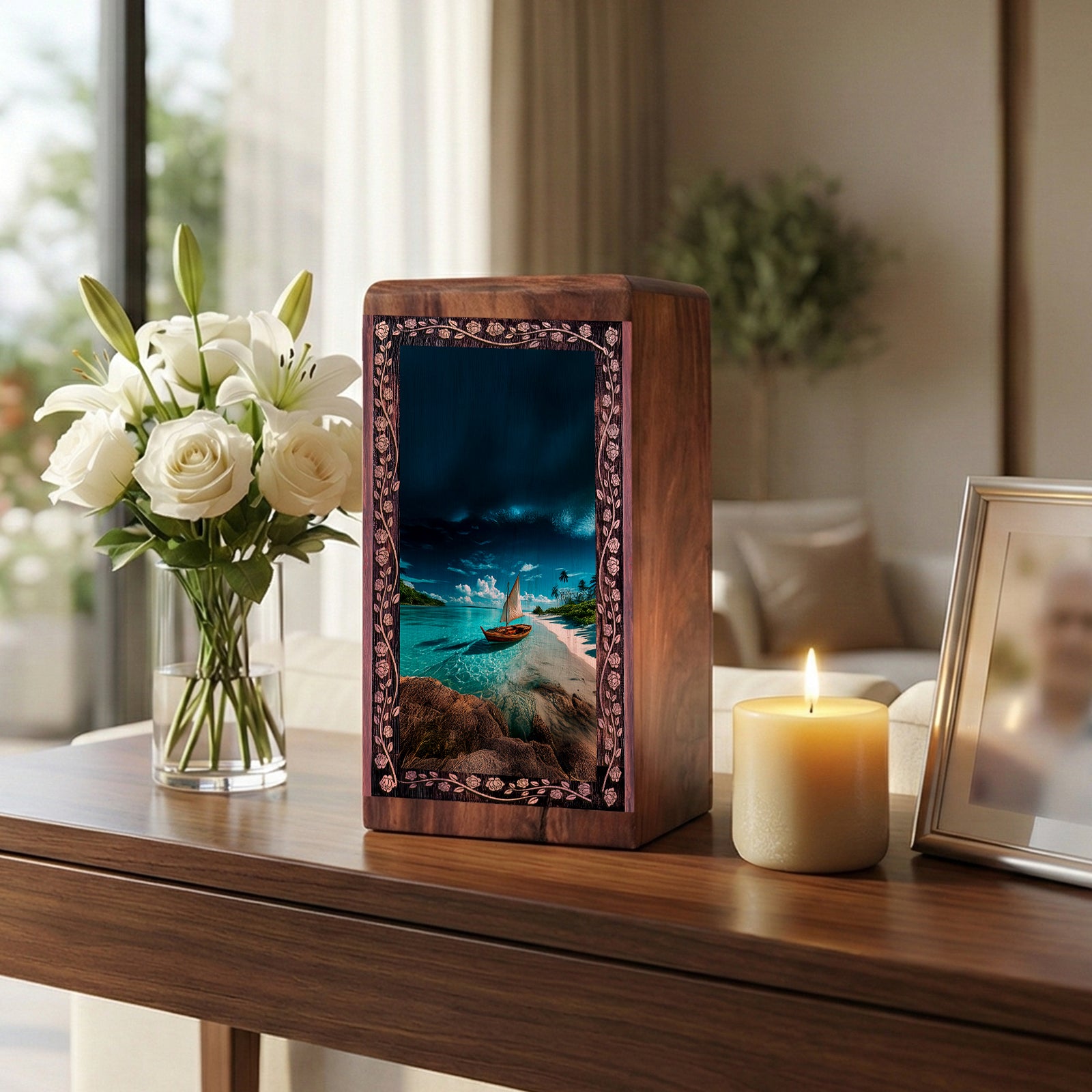 Tropical Paradise Beach Ocean Memorial Urn - Wooden Ship Urn For Ashes
