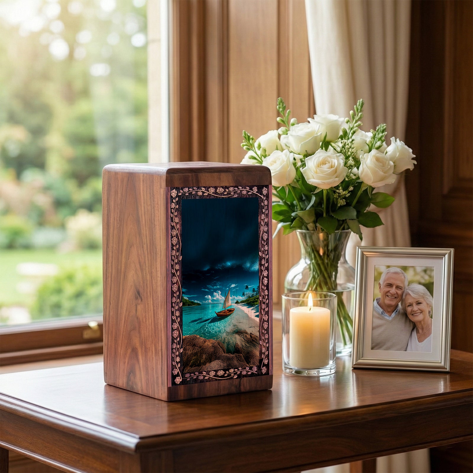 Tropical Paradise Beach Ocean Memorial Urn - Wooden Ship Urn For Ashes