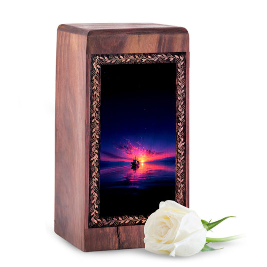 Sunset Ocean Boat Theme Cremationn Urn - Wooden Memorial Urn For Burial