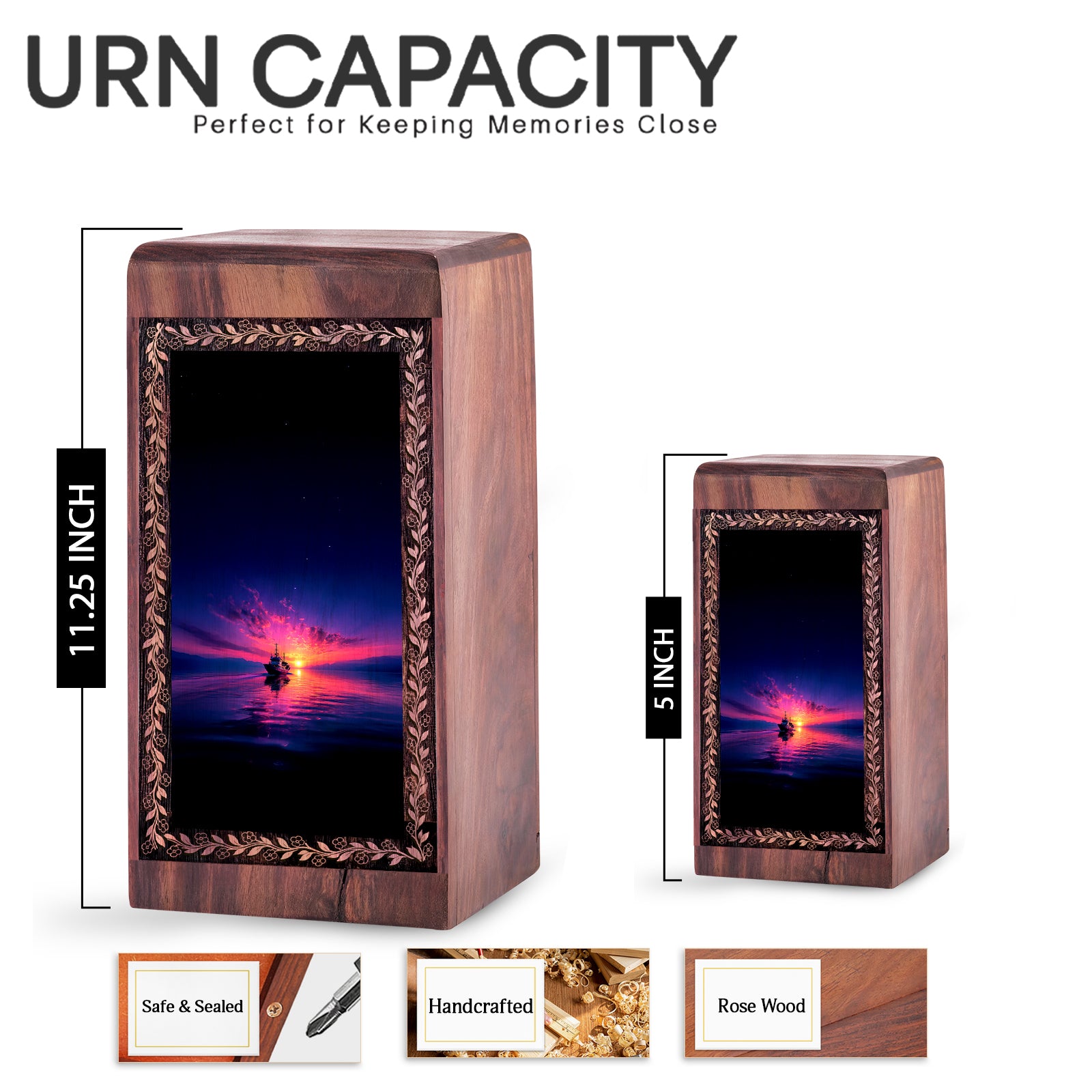 Sunset Ocean Boat Theme Cremationn Urn - Wooden Memorial Urn For Burial