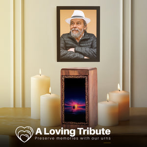 Ship Memorial Cremation Urn - Sunset Ocean Reflection Theme Wooden Keepshake For Ashes