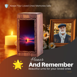 Ship Memorial Cremation Urn - Sunset Ocean Reflection Theme Wooden Keepshake For Ashes