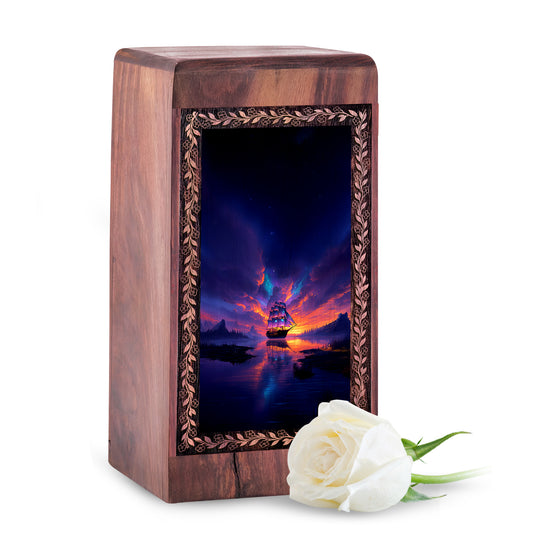 Dramatic Sunset Ocean Ship Theme For Ashes - Rosewood Handmade Large Wooden Box