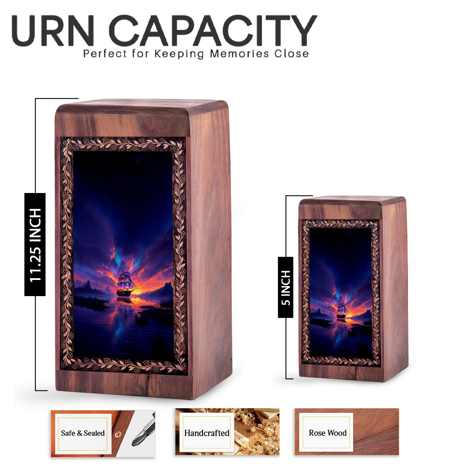 Dramatic Sunset Ocean Ship Theme For Ashes - Rosewood Handmade Large Wooden Box