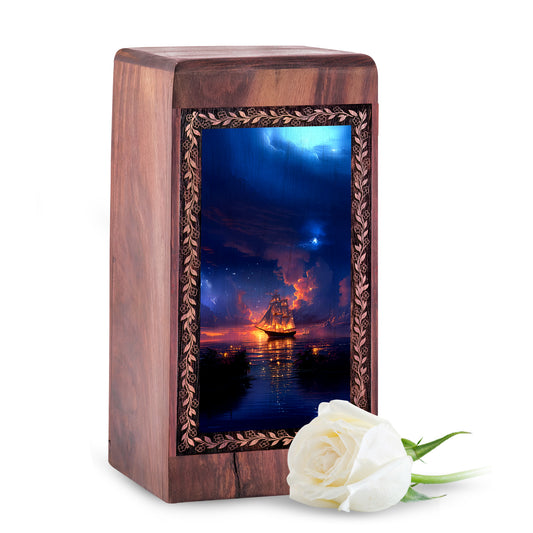 Premium Ship Wooden Urn Box For Ashes - Midnight Ocean Glow Theme Memorial Urn