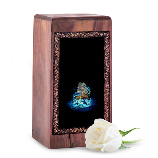 Glowing Dolphin Ship Theme Cremation Urn For Ashes - Premium Wooden Urn Box