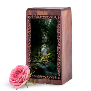 Forest Deer Wooden Urn for Ashes – Nature Memorial Cremation Urn for Adults